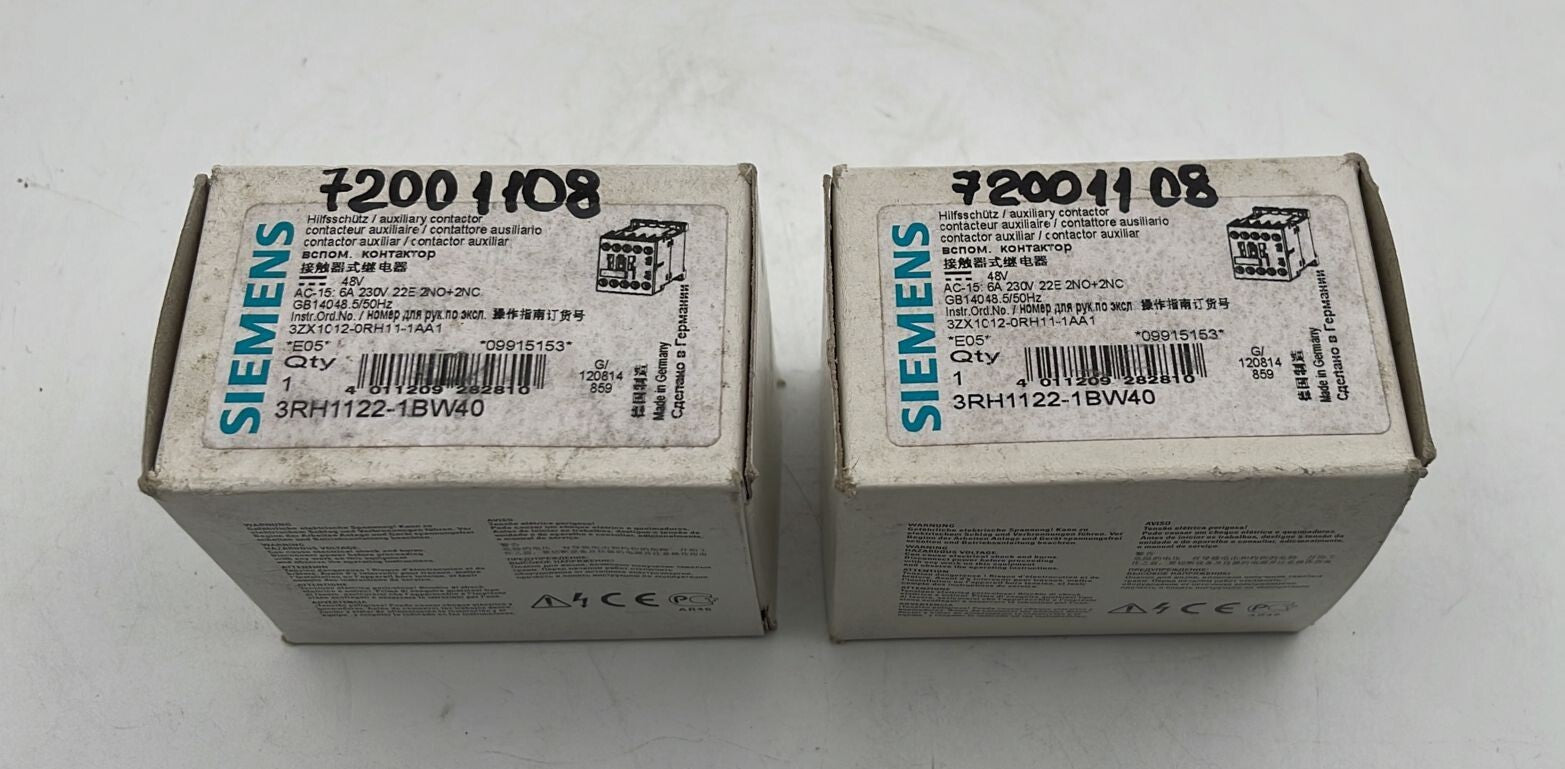 [LOT OF 2] NEW - Siemens 3RH1122-1BW40 Auxiliary contactor 6A 230V 2NO + 2NC