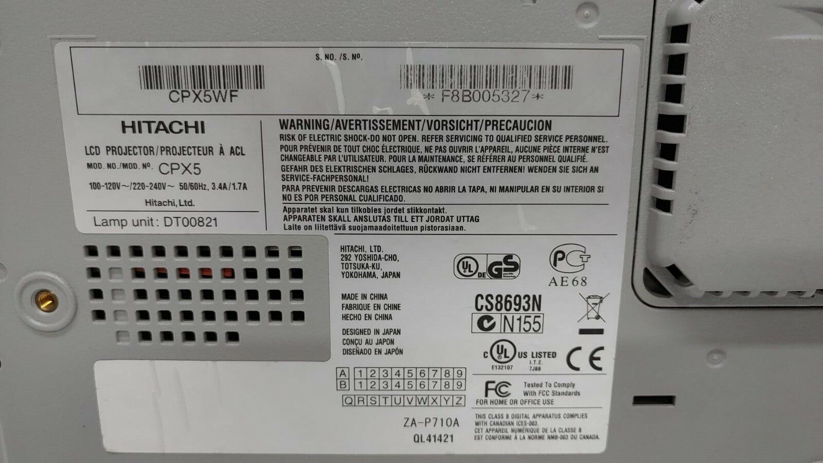 Hitachi CPX5 CPX5WF XGA 3LCD Projector Lamp Unit DT00821