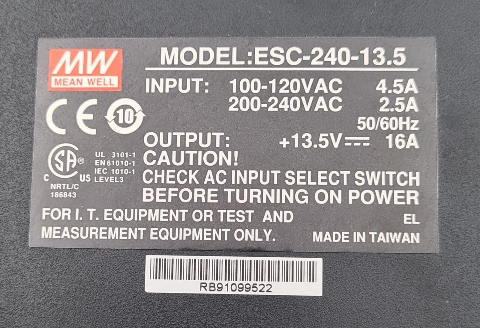 MW MEAN WELL ESC-240-13.5 SWITCH MODE BATTERY CHARGER 100-240VAC