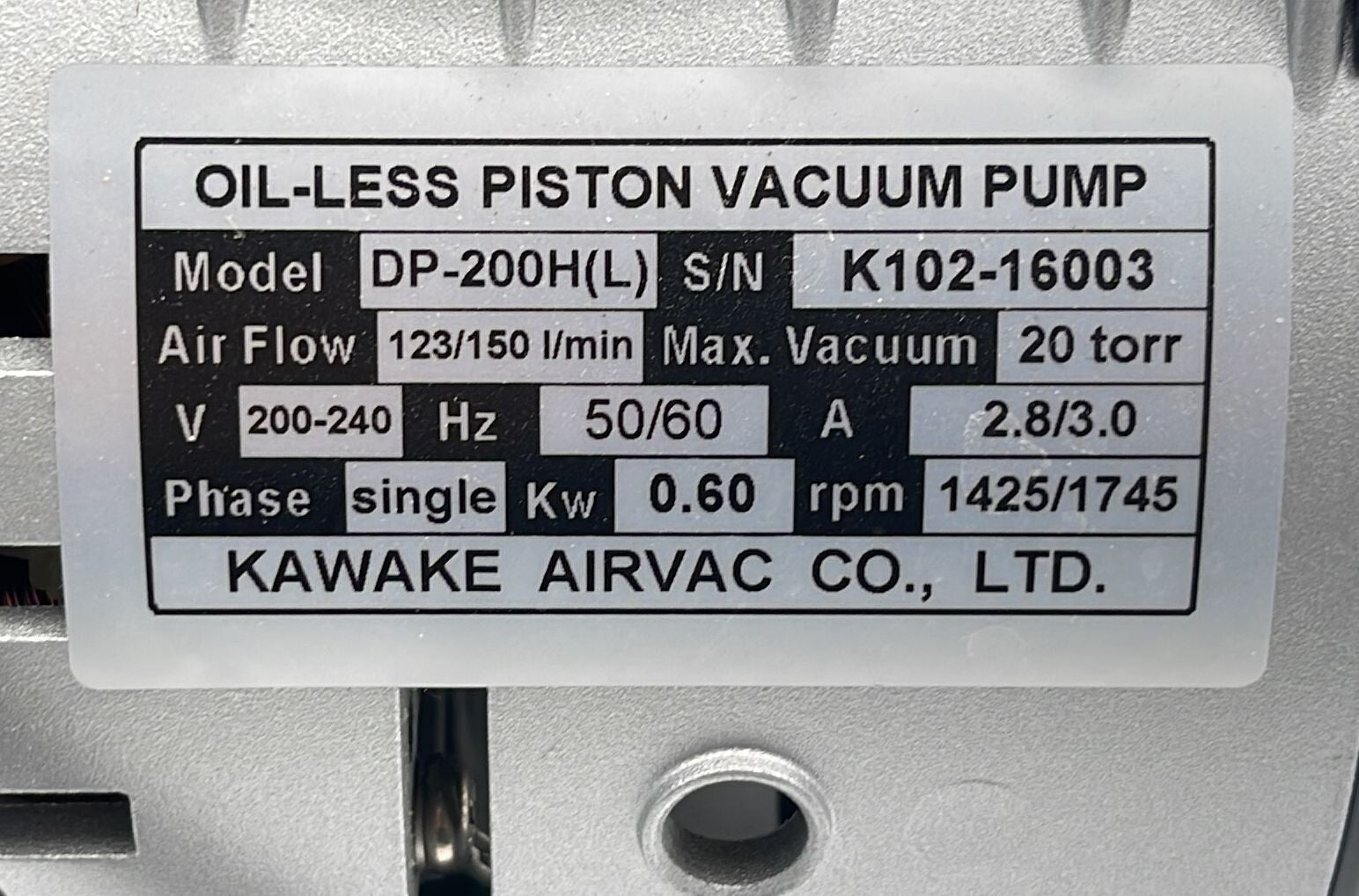kawake Airvac DP-200H (L) Oil-Less Piston Vacuum Pump