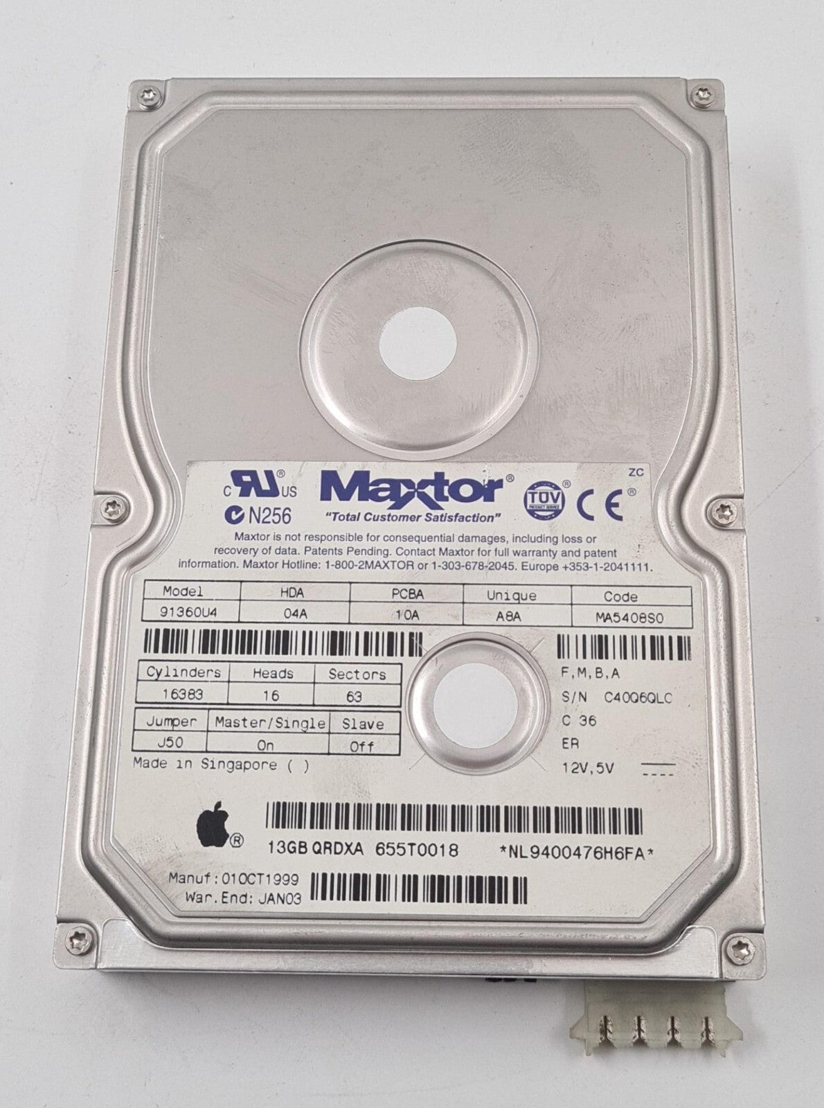 Maxtor 91360U4 Hard Drive HDA 04A A8A MA5408S0 Apple 13GB QRDXA 655T0018 3.5"
