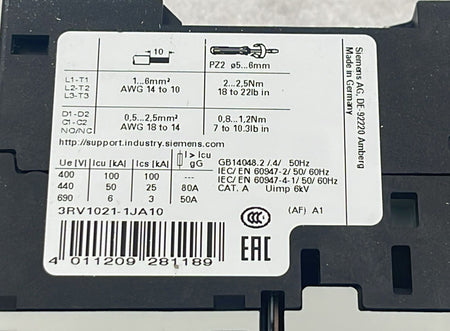 Siemens 3RV1021-1JA10 technical rating label close-up