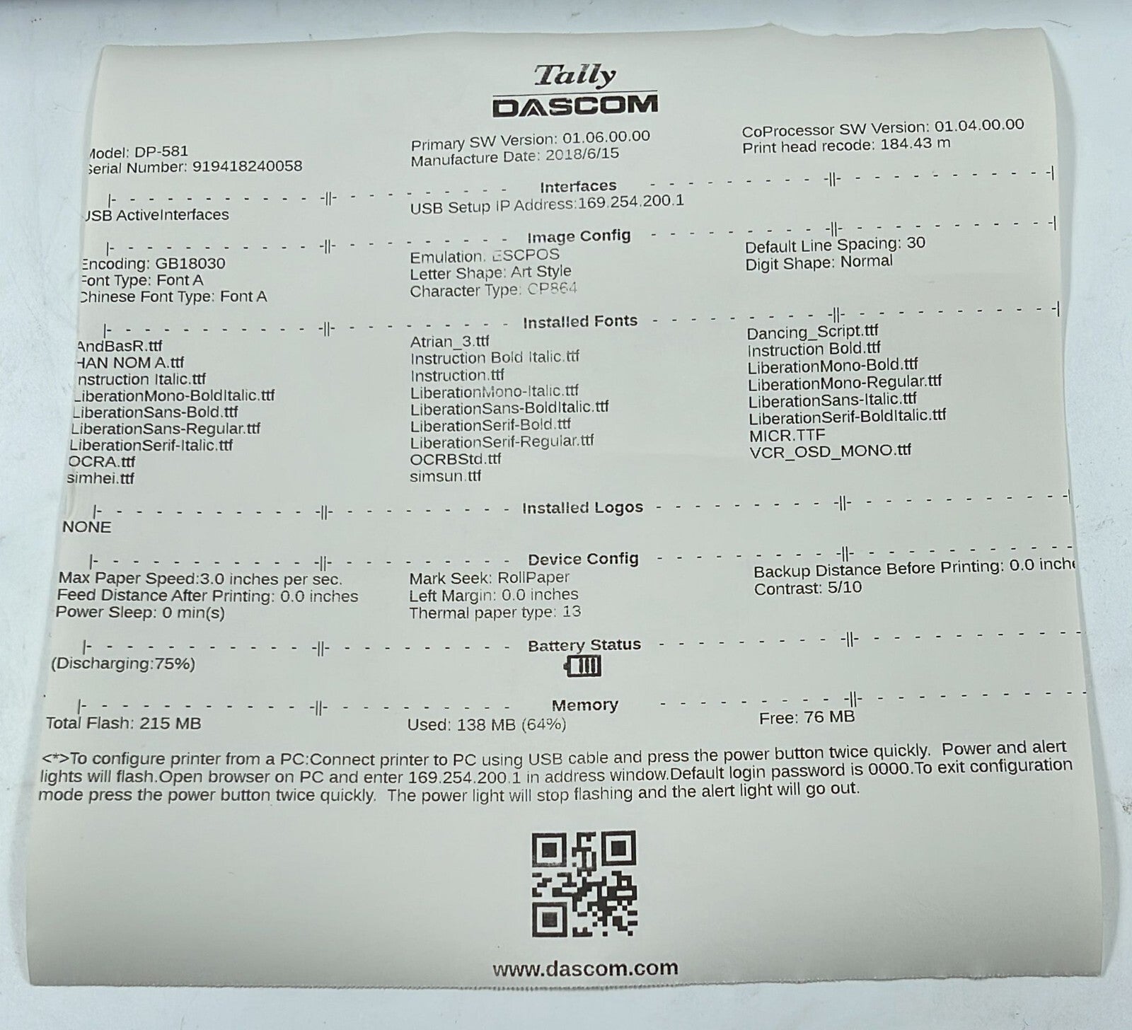 Tally DASCOM DP-581 Receipt Printer Thermal Roll 28.919.6440 93667