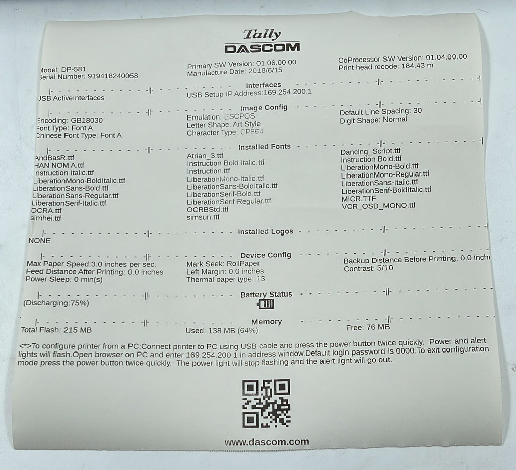 Tally DASCOM DP-581 Receipt Printer Thermal Roll 28.919.6440 93667