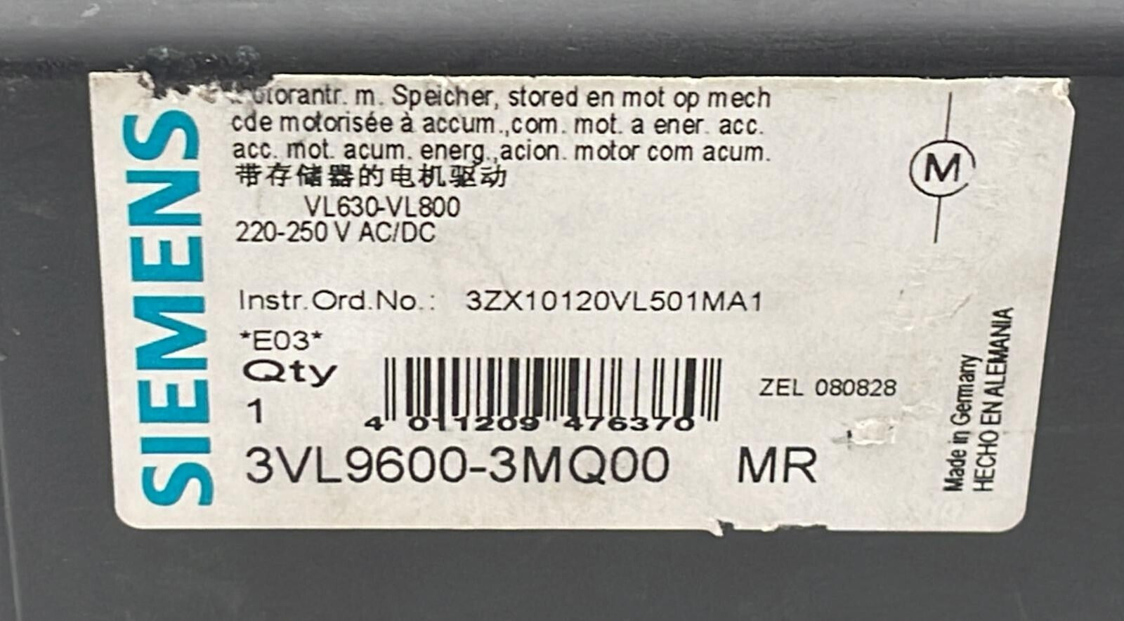 SIEMENS 3VL9600-3MQ00 MR Remote Operator Motor Drive Spring-Loaded Circuit Break