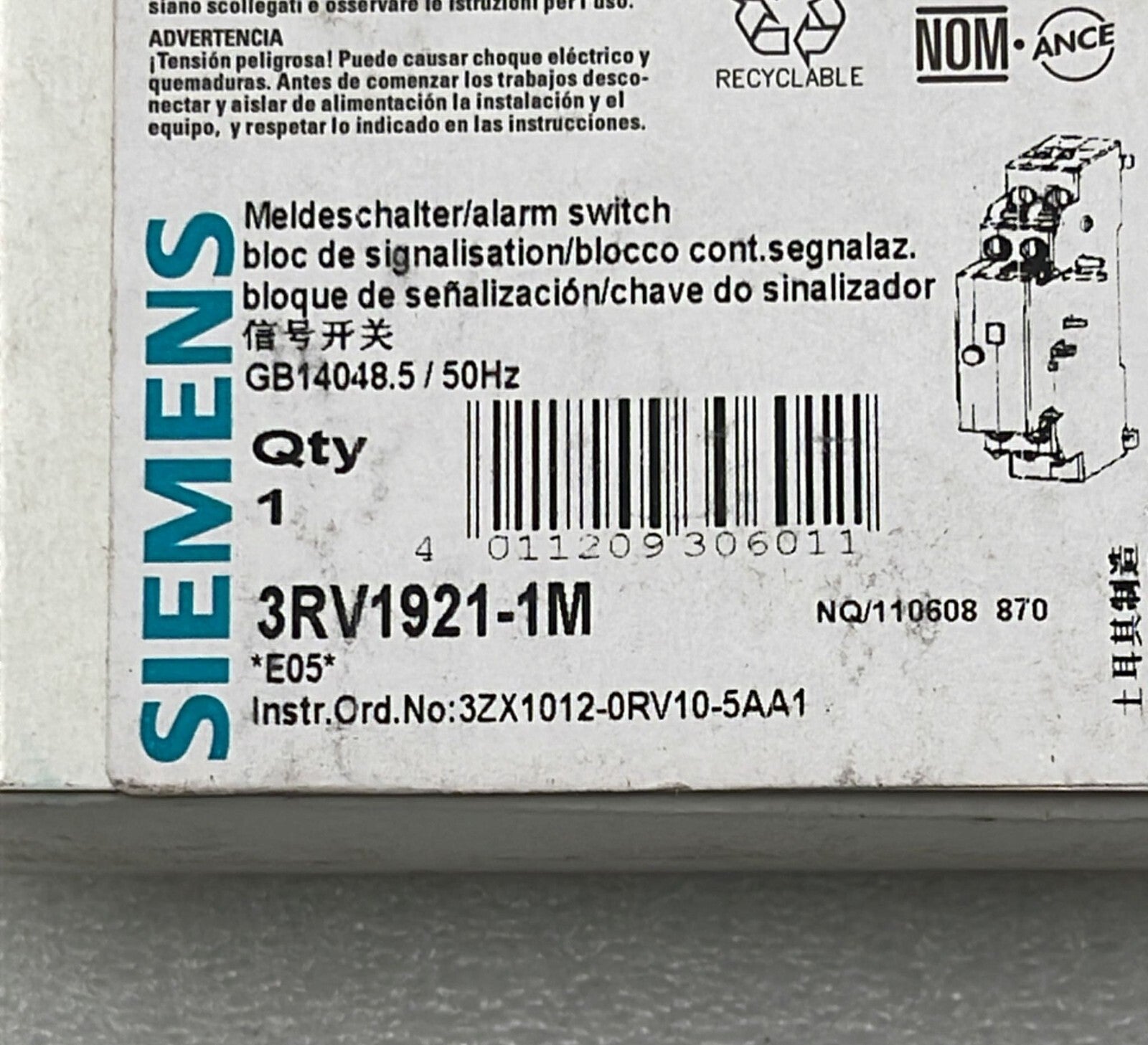 [LOT OF 7] NEW - Siemens 3RV1921-1M Alarm Switch GB14048.5/50Hz