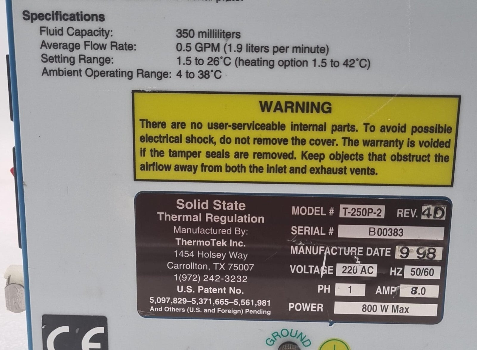 ThermoTek T-250P-2 Solid State Thermal Regulation 220V 800W 97ee Temp Chiller