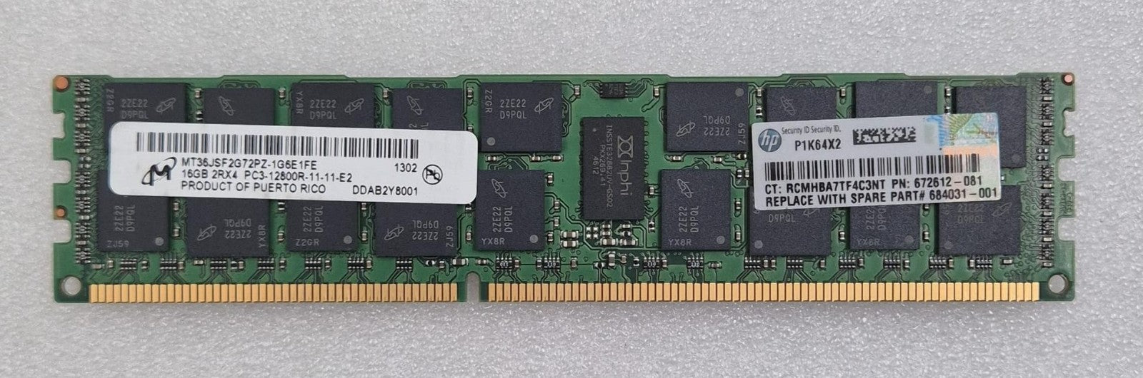 [LOT 8] Micron 16GB 2RX4 PC3-12800R MT36JSF2G72PZ-1G6E1FE SERVER MEMORY RAM *HP*