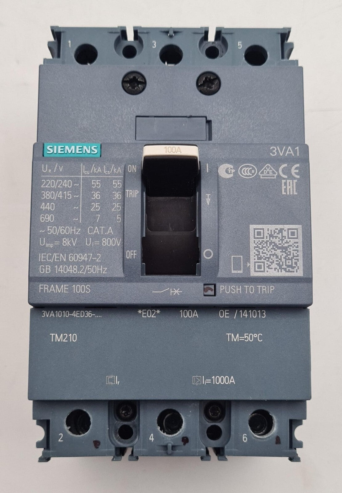 SIEMENS 3VA1010-4ED36-0AA0 Circuit Breaker TM210 3VA1 100A