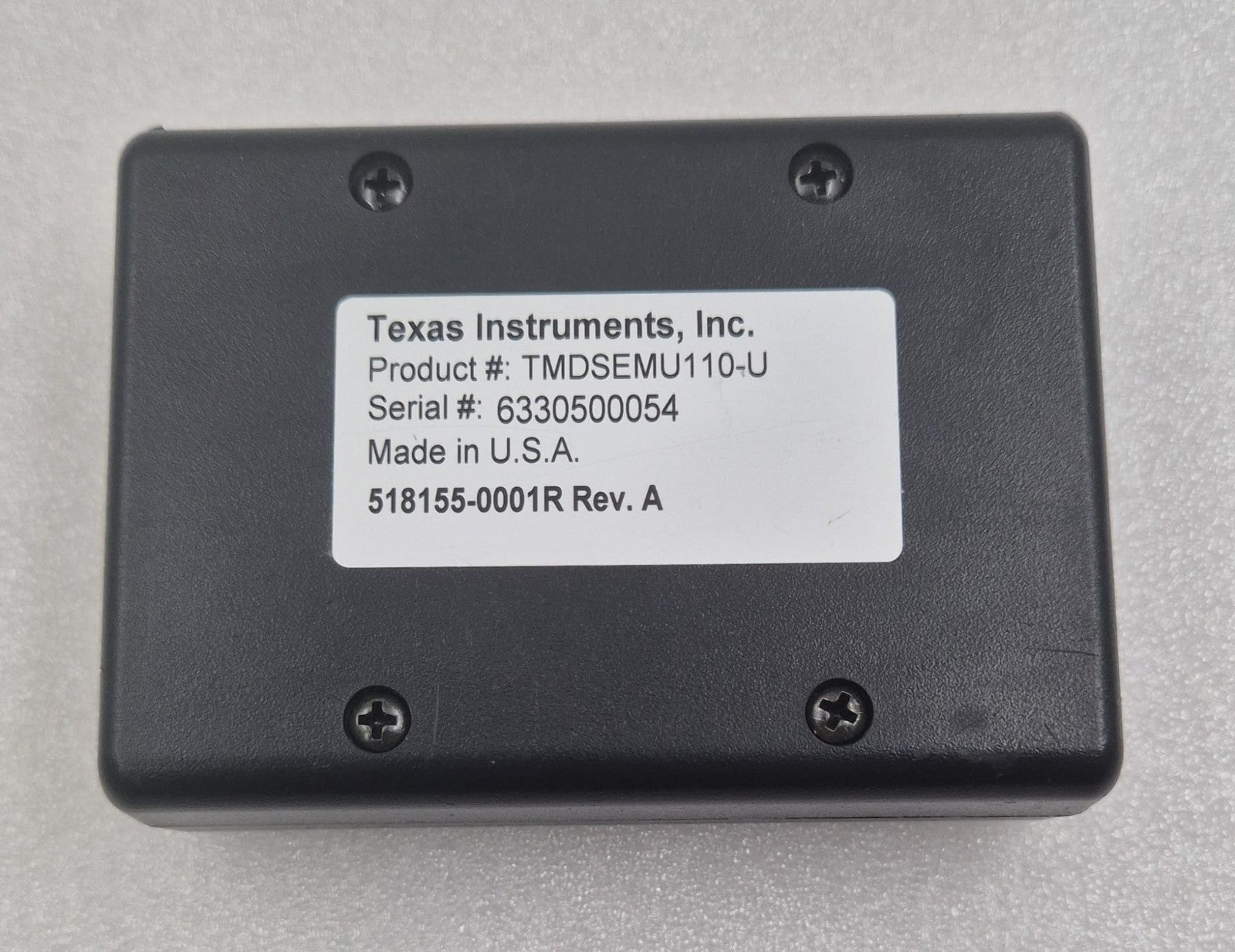 Texas Instruments XDS110 debug probe rear label view