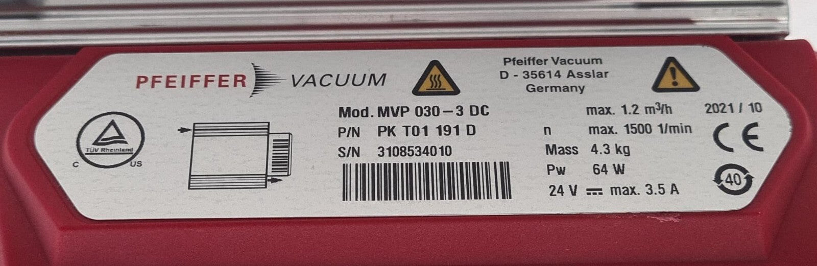 Pfeiffer Vacuum MVP 030-3 DC PK T01 191 D Diaphragm Vacuum Pump