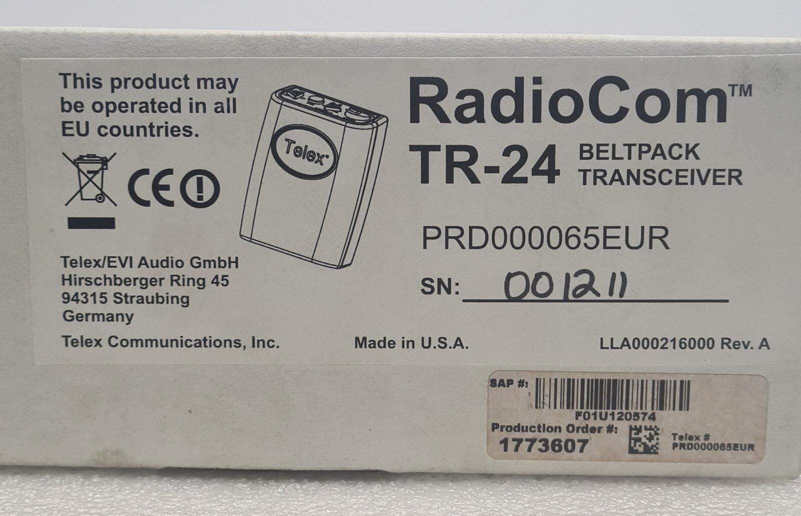 NEW - TELEX Radiocom TR-24 PRD000065EUR BELTPACK TRANSCEIVER WIRELESS INTERCOM