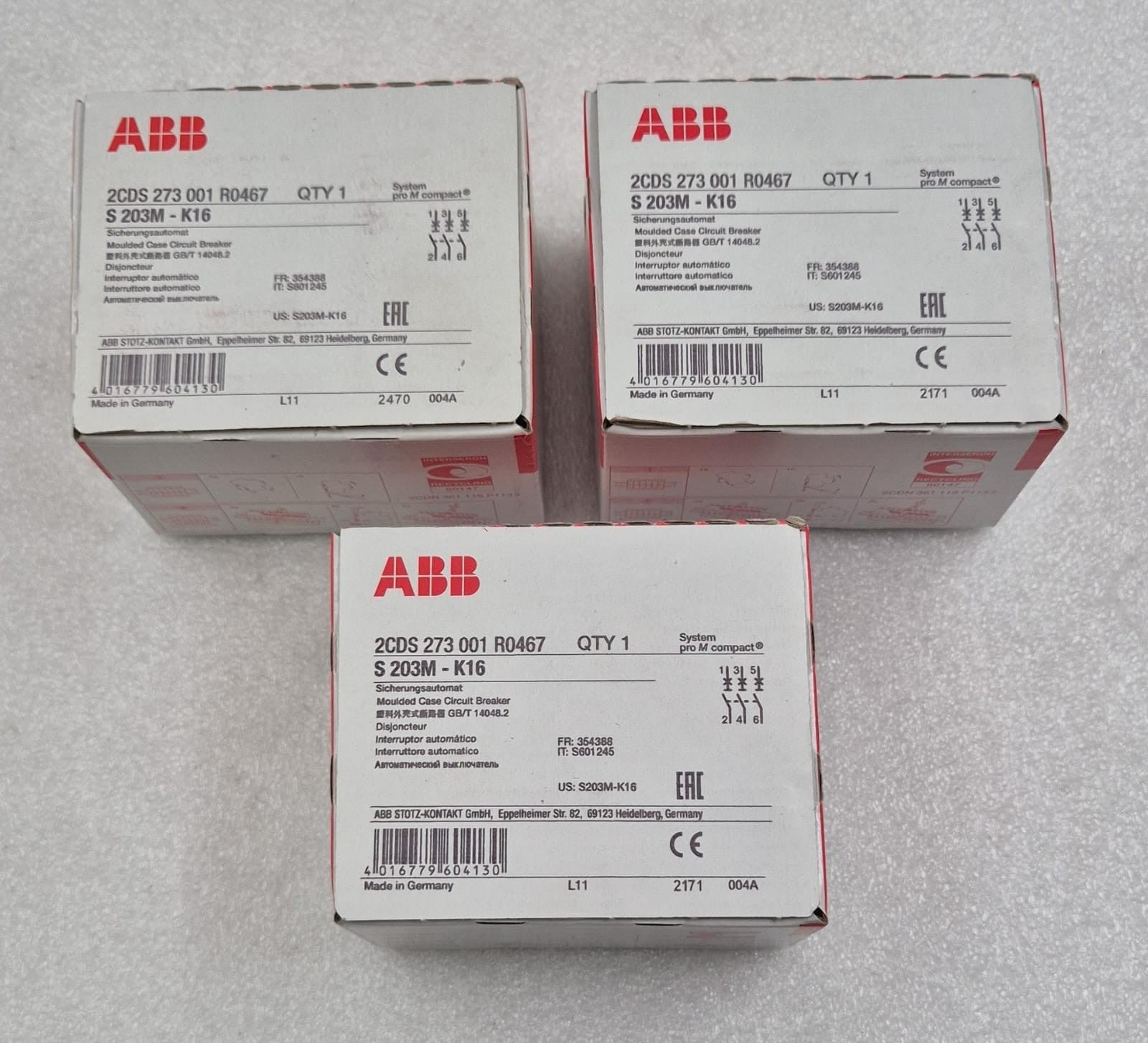 [LOT OF 3] NEW SEALED - ABB S 203M-K16 Circuit Breaker 2CDS 273 001 R0467