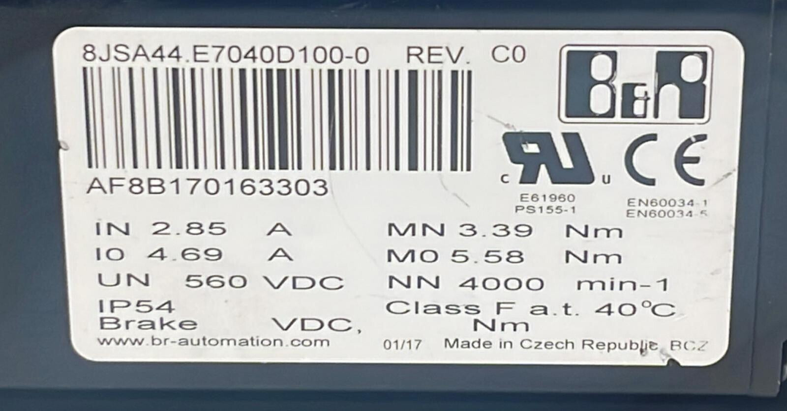 B&R Automation Servo Motor 8JSA44.E7040D100-0