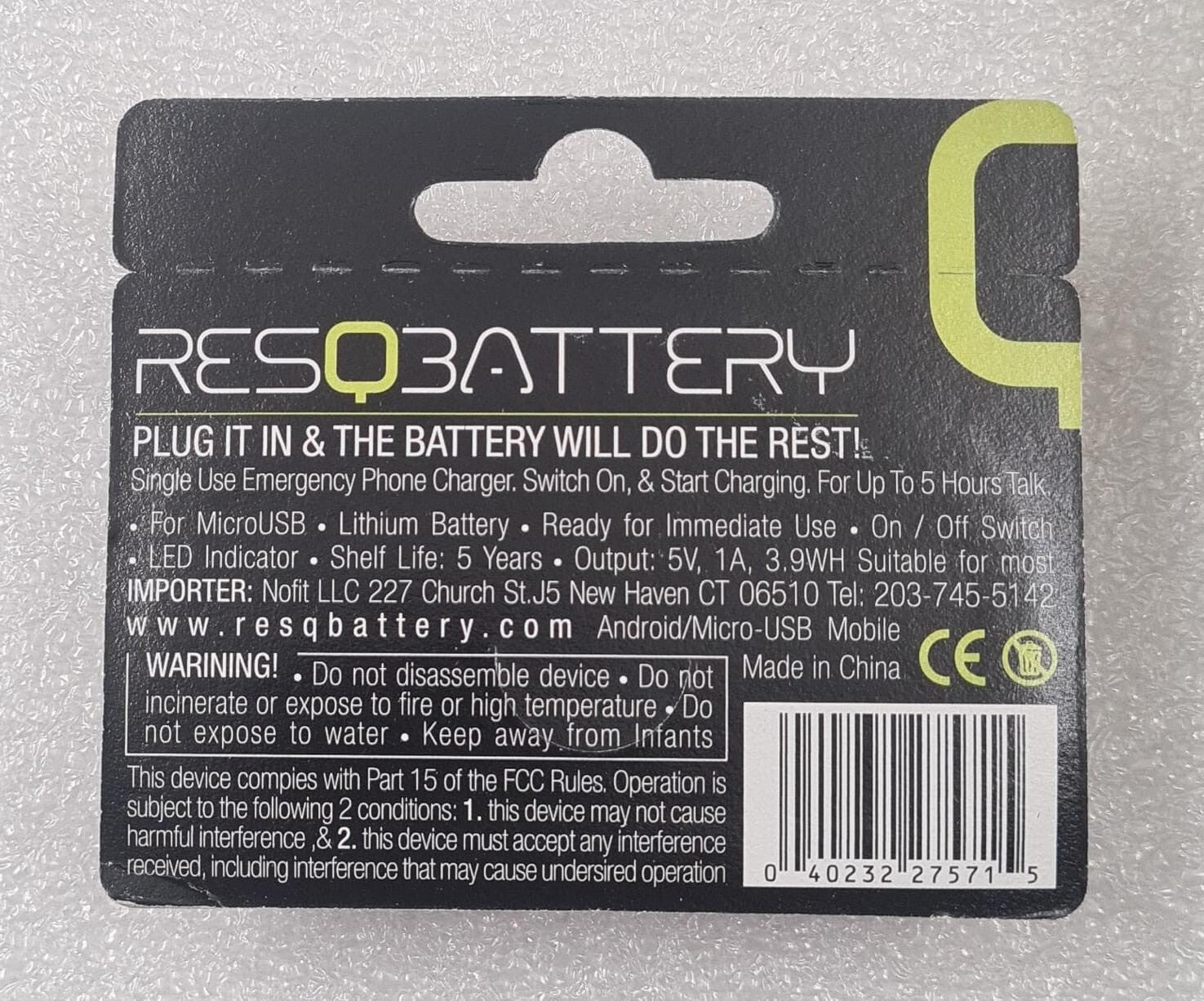 RESQBATTERY Disposable Battery POWER BANK Charger Smartphone Micro-USB 3.9WH 5h
