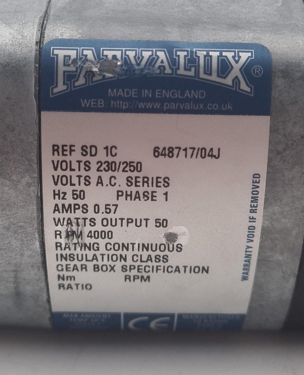 Parvalux REF SD 1C 648717/04J Gear Box 4000RPM 230/250V 50Hz 0.57Amps 50W