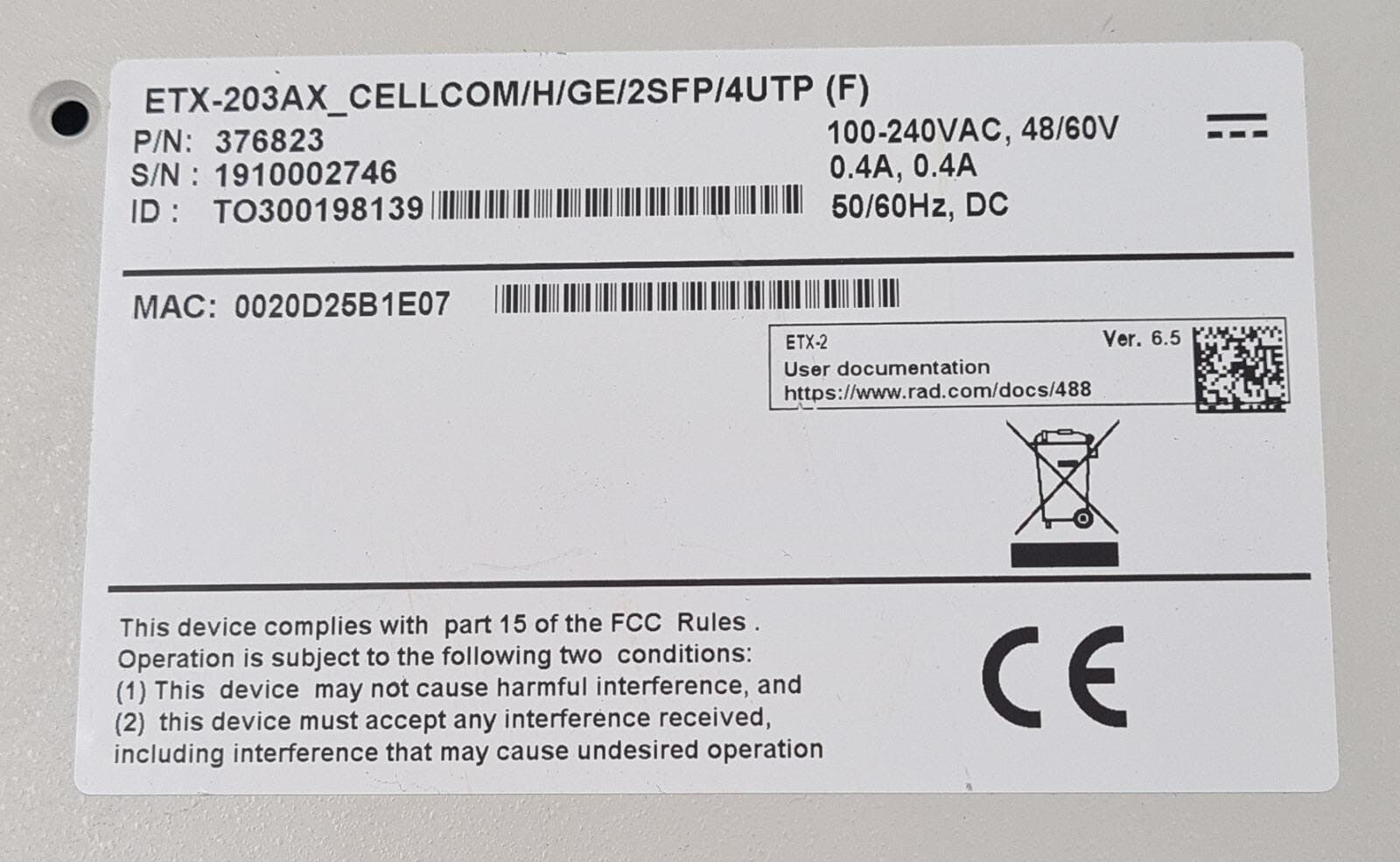 RAD ETX-203AX CELLCOM/H/GE/2SFP/4UTP (F) 376823 SWITCH MODULE 6661950000