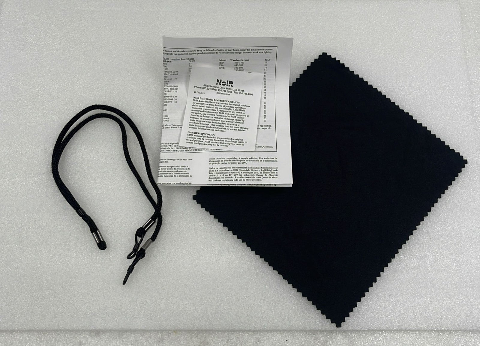NoIR laser safety eyewear accessories and case contents