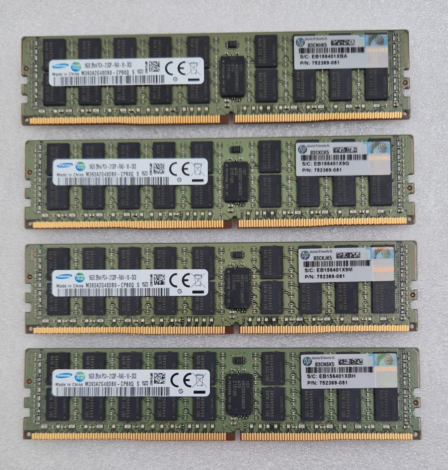 Samsung 16GB PC4-2133P server RAM modules lot of four front view