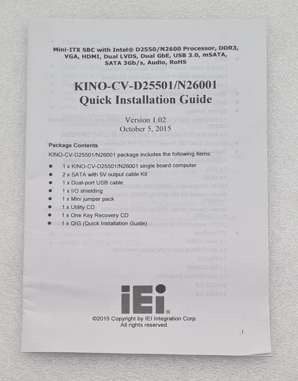 NEW - iEi KINO-CV-N26001-R10 Rev 1.0 Integrated CPU Motherboard