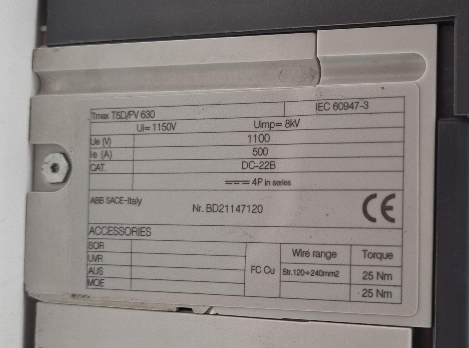 ABB SACE TMAX T5D/PV 630 MAGNETOTHERMAL SWITCH Circuit Breaker BD21147120