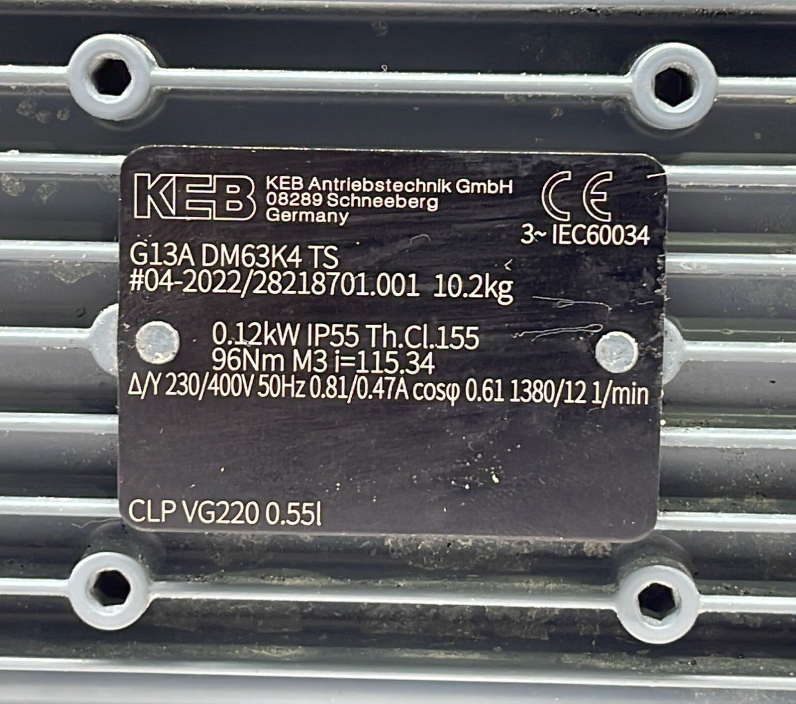 KEB G13A DM63K4 TS Gear Motor 04-2022/ 28218701.001 CLP VG220 0.55I