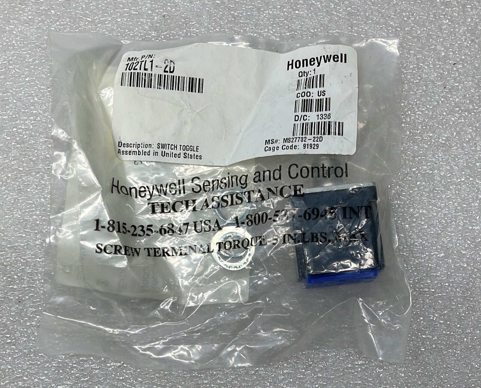 NEW - Honeywell 102TL1-2D MS27782-22D Micro Switch Toggle 2-Position