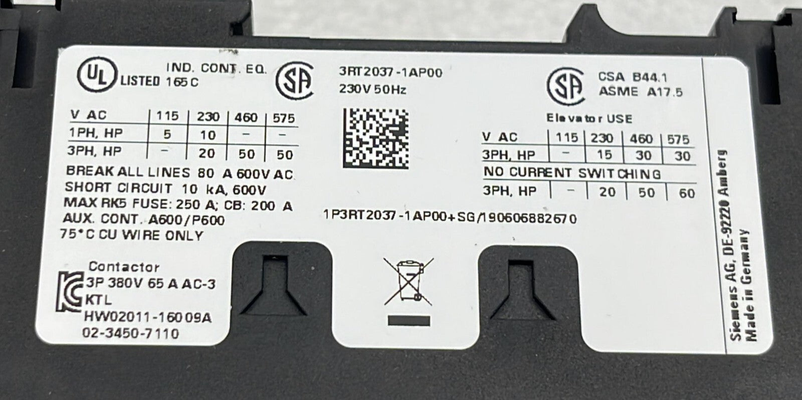 SIEMENS SIRIUS 3RT2037-1AP00 Relay Contactor 230V 50Hz