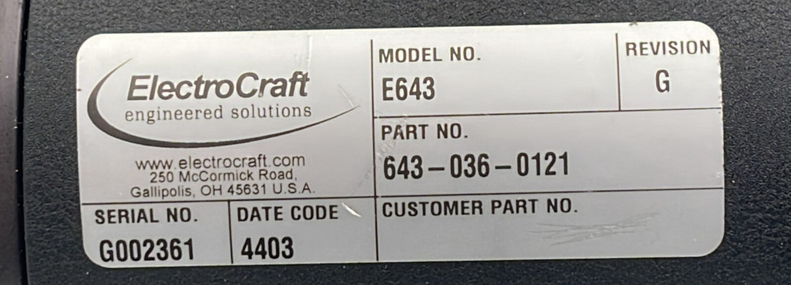 Reliance ElectroCraft E643 Servo motor 643-036-0121