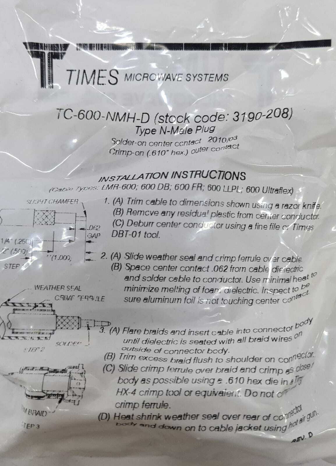 [LOT 11 PCS] Times Microwave TC-600-NMH-D N-Male Plug 3190-208