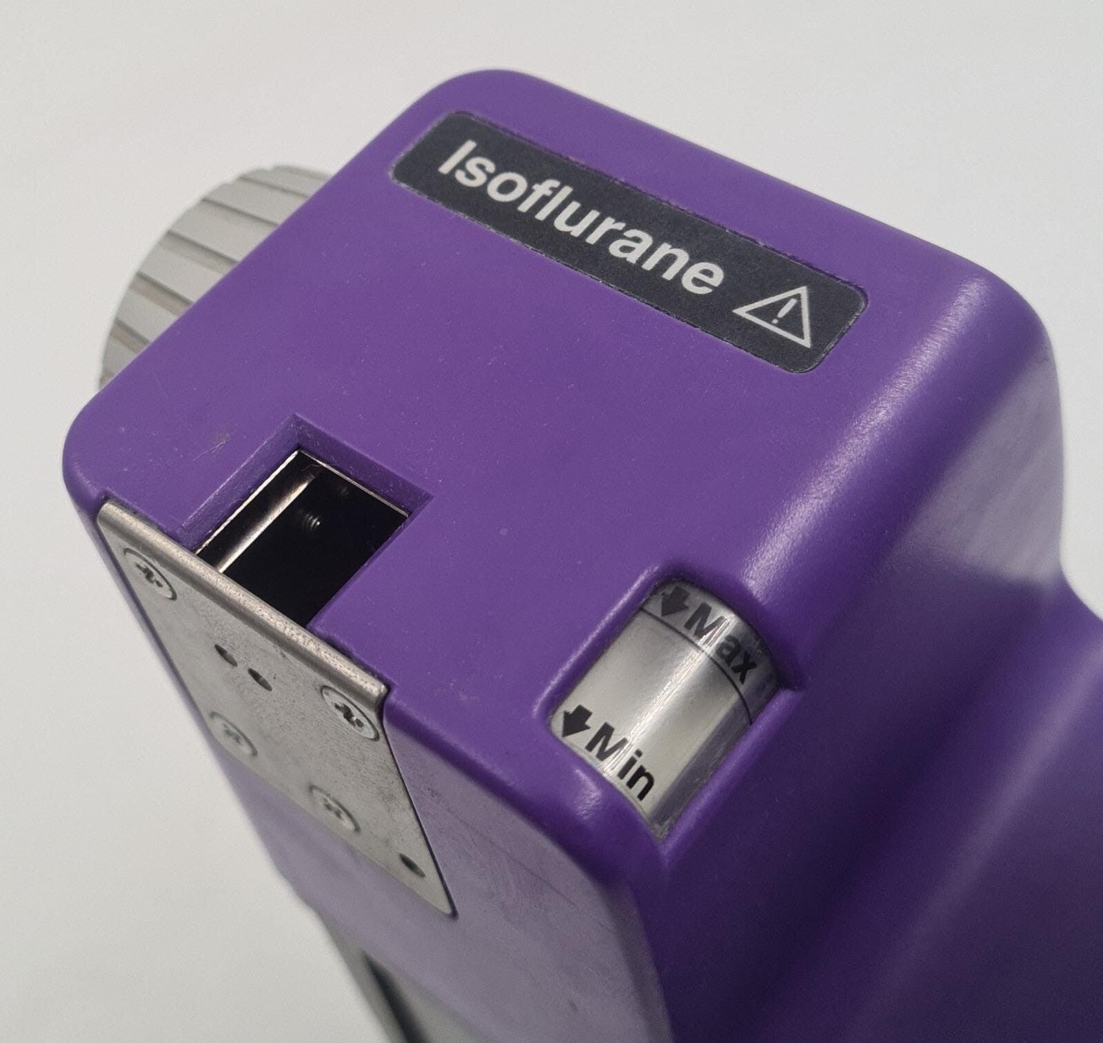 Datex Ohmeda anesthesia vaporizer top view showing agent label