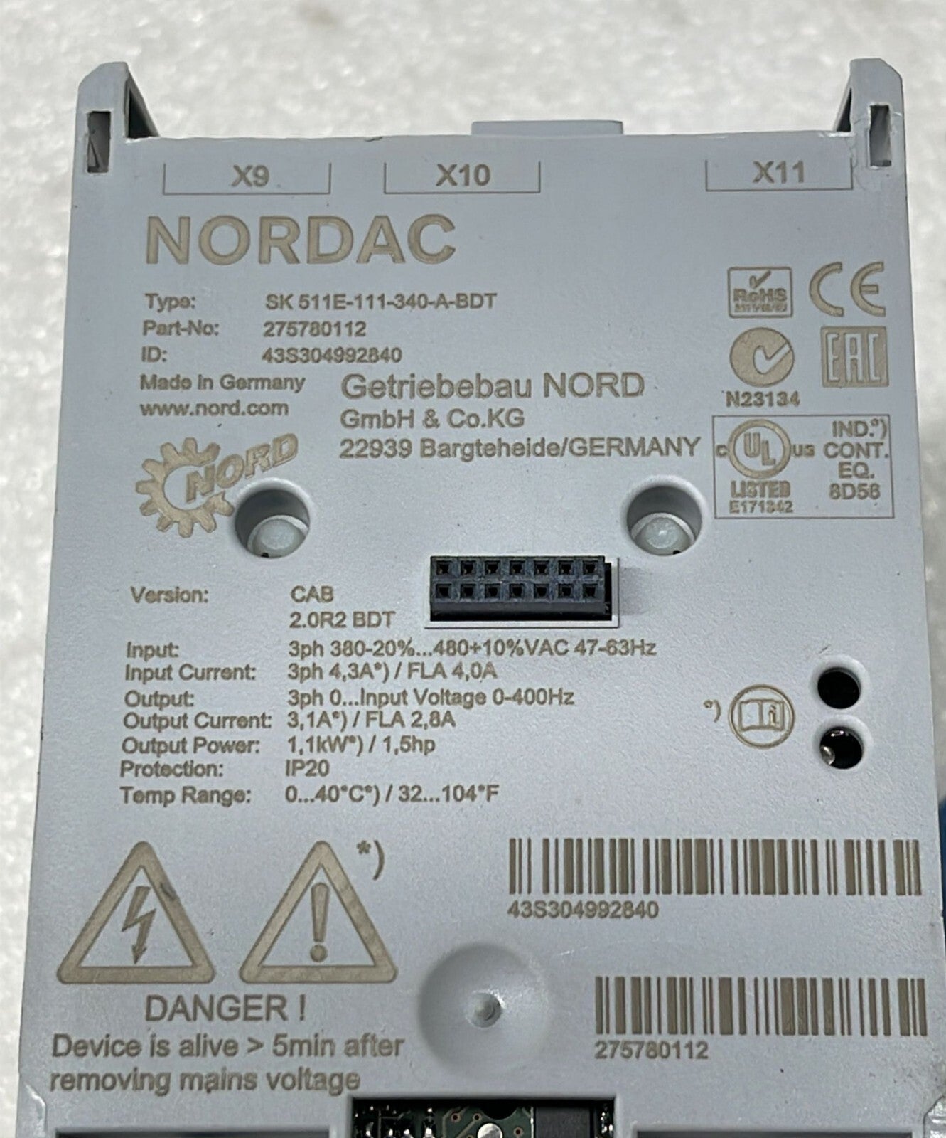 NORDAC INVERTER DRIVE SK 511E-111-340-A-BDT P/N 275780112 **AS IS**