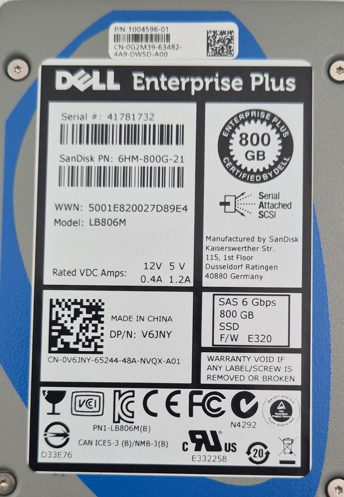 Dell 800GB SSD SAS 6Gb/s 2.5'' LB806M 6HM-800G-21 V6JNY W/ Compellent Caddy