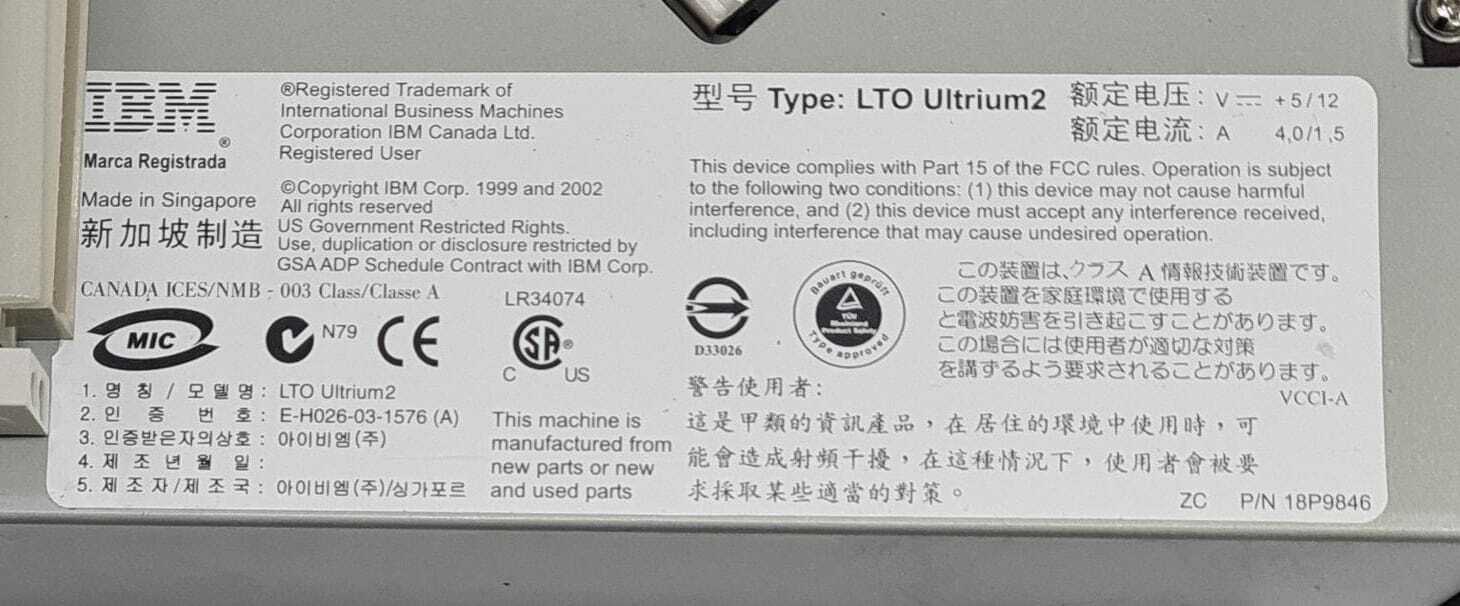 IBM 18P9846 STREAMER LTO ULTRIUM2 8-00220-01 SCSI LVD / SE