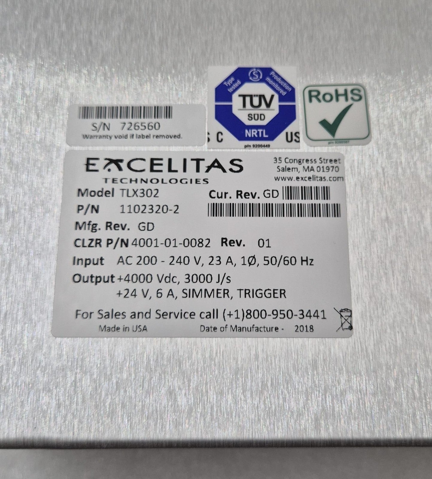 EXCELITAS TLX302 1102320-2 4001-01-0082 Power Supply HVPS 200-240V for Candela