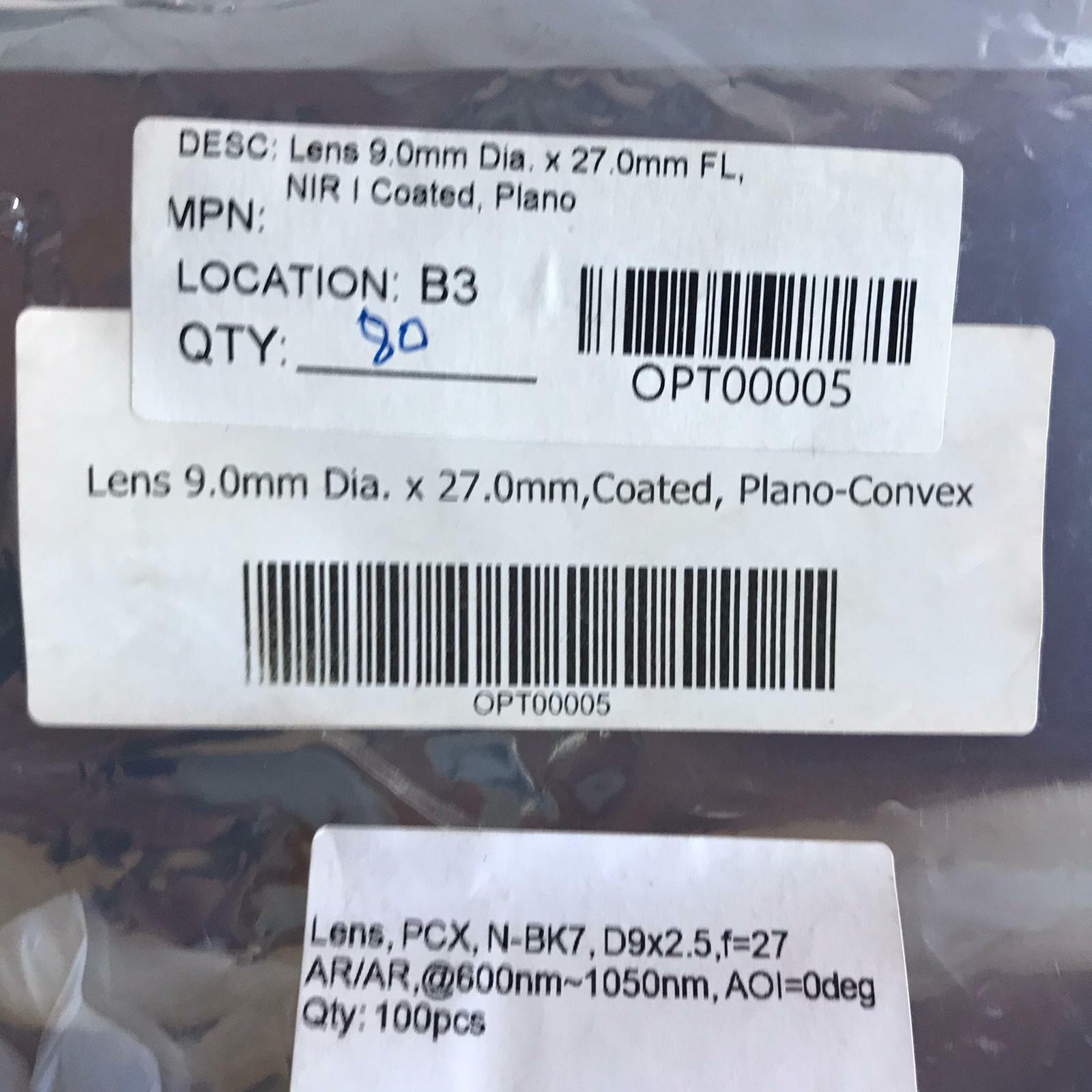 80Pcs Lens 9MM PCX N-BK7  F=25 600N~1050NM  Coated Piano AOI+0deg AR/AR