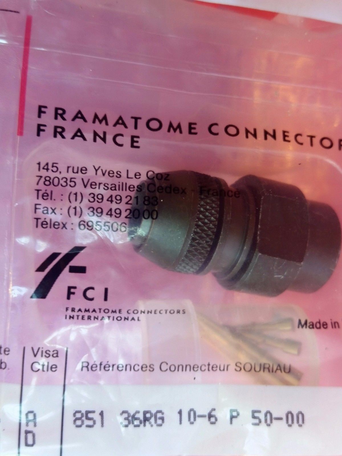 Fci 851 36RG106P50 Circular Mil Spec Connector 6 Pin With Gold Contacts