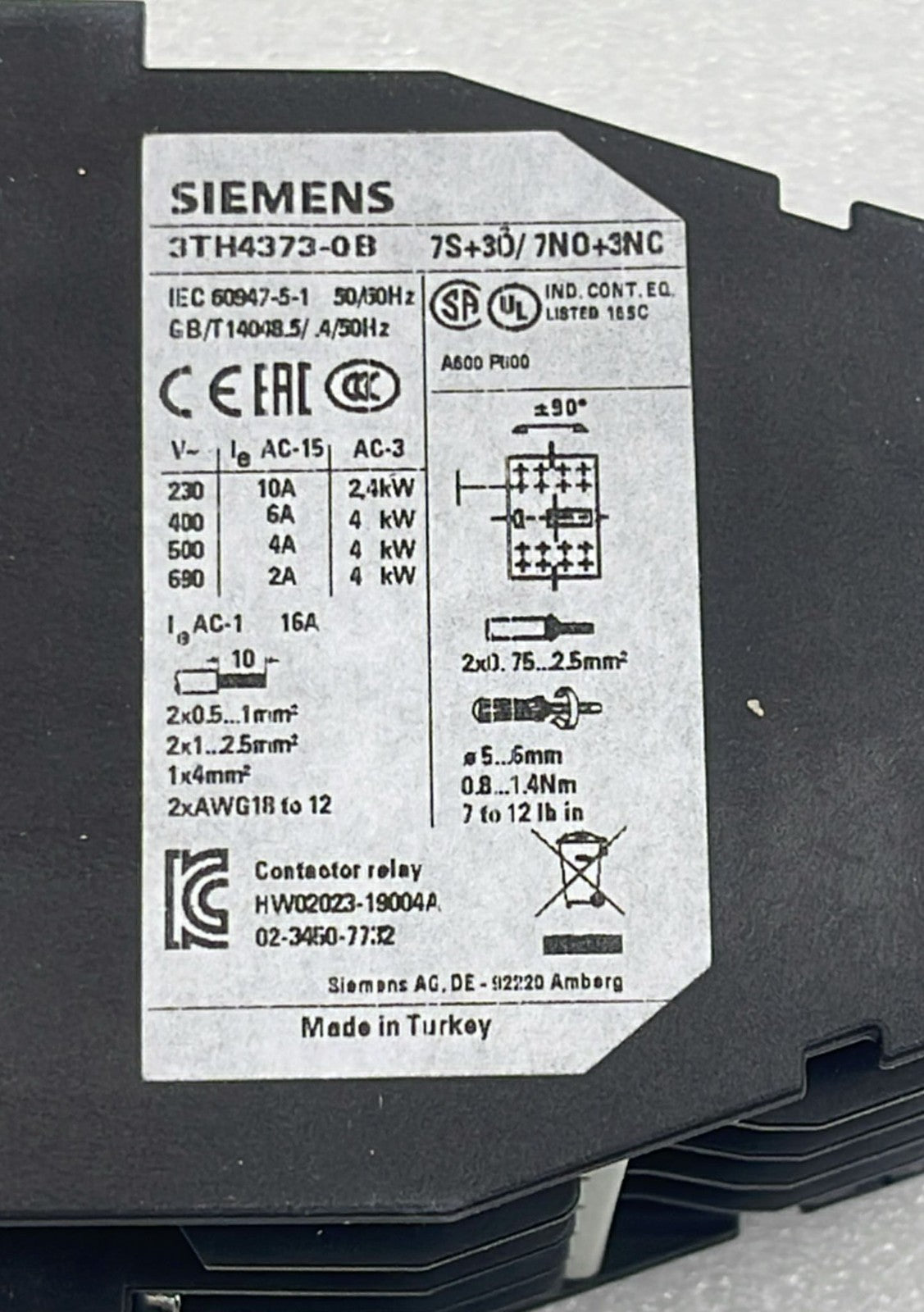 Siemens 3TH43 73-0BB4 technical label close-up