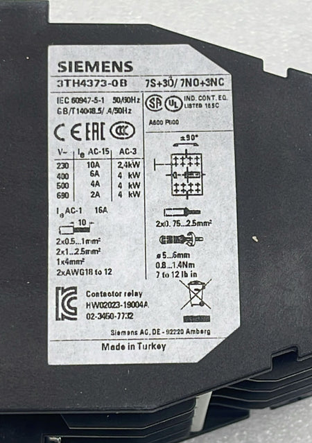 Siemens 3TH43 73-0BB4 technical label close-up