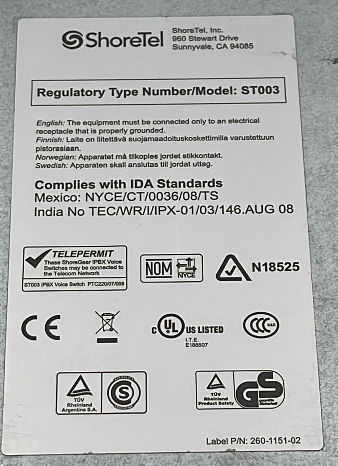 ShoreTel ST003 ShoreGear SG-220E1 Voice Switch 600-1044-10
