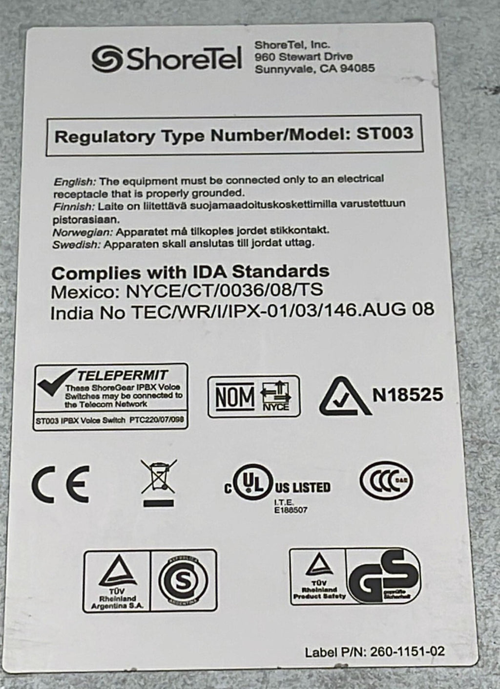 ShoreTel ST003 ShoreGear SG-220E1 Voice Switch 600-1044-10