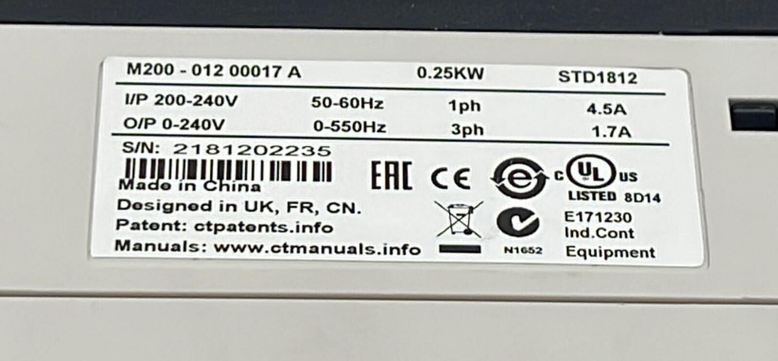 Emerson Nidec Control Techniques Undrive M200-012-00017 A 0.25Kw 240V