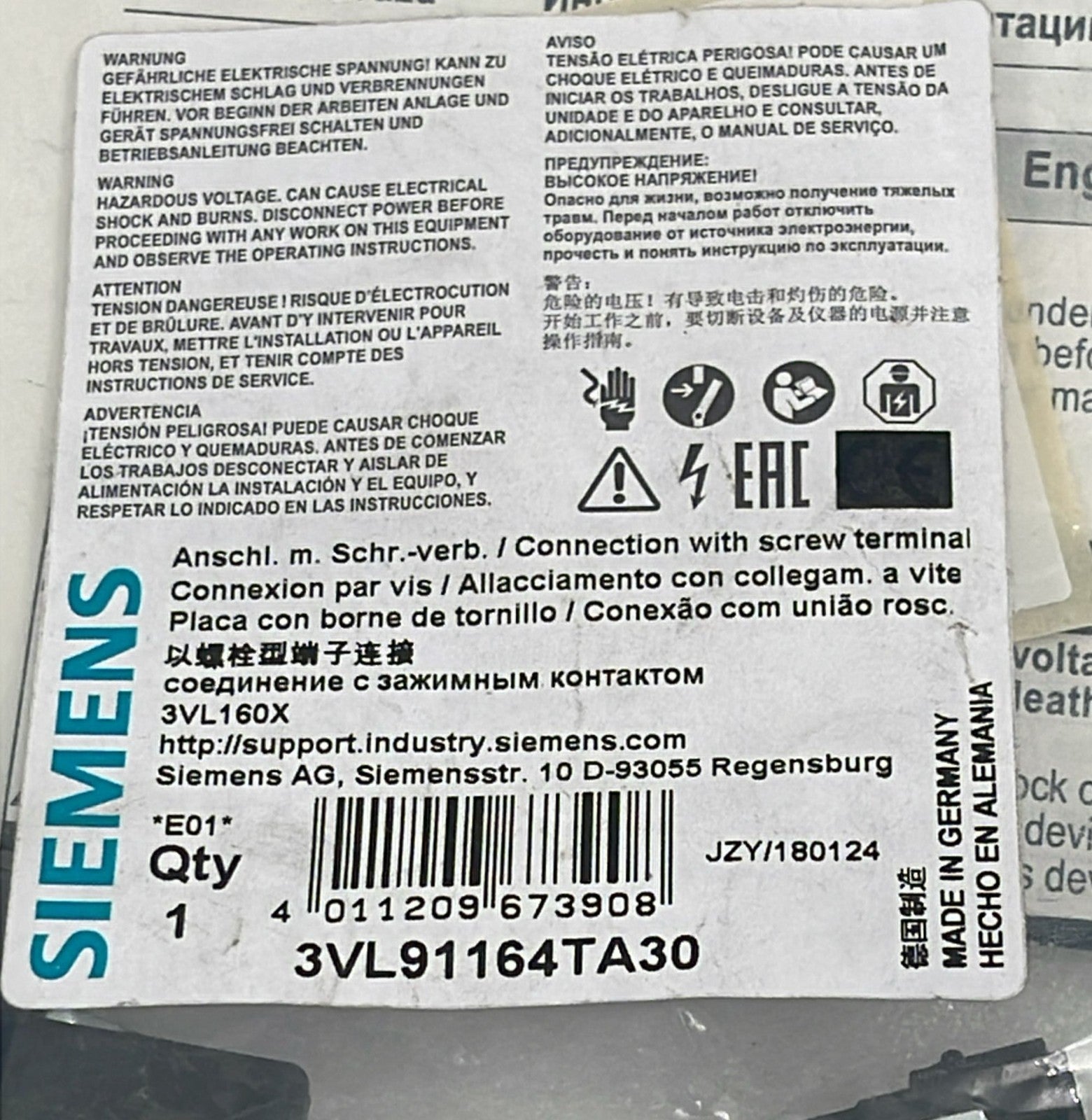 Siemens 3VL9116-4TA30 product label close-up