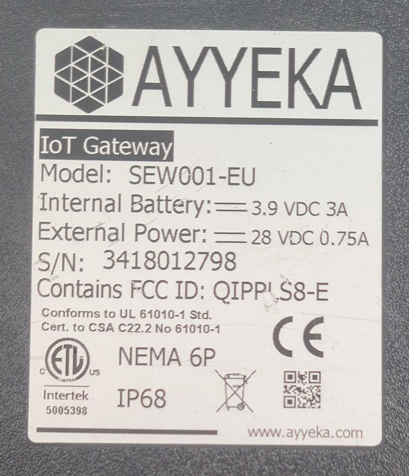 AYYEKA IoT Gateway SEW001-EU QIPPLS8-E NEMA 6P Wavelet