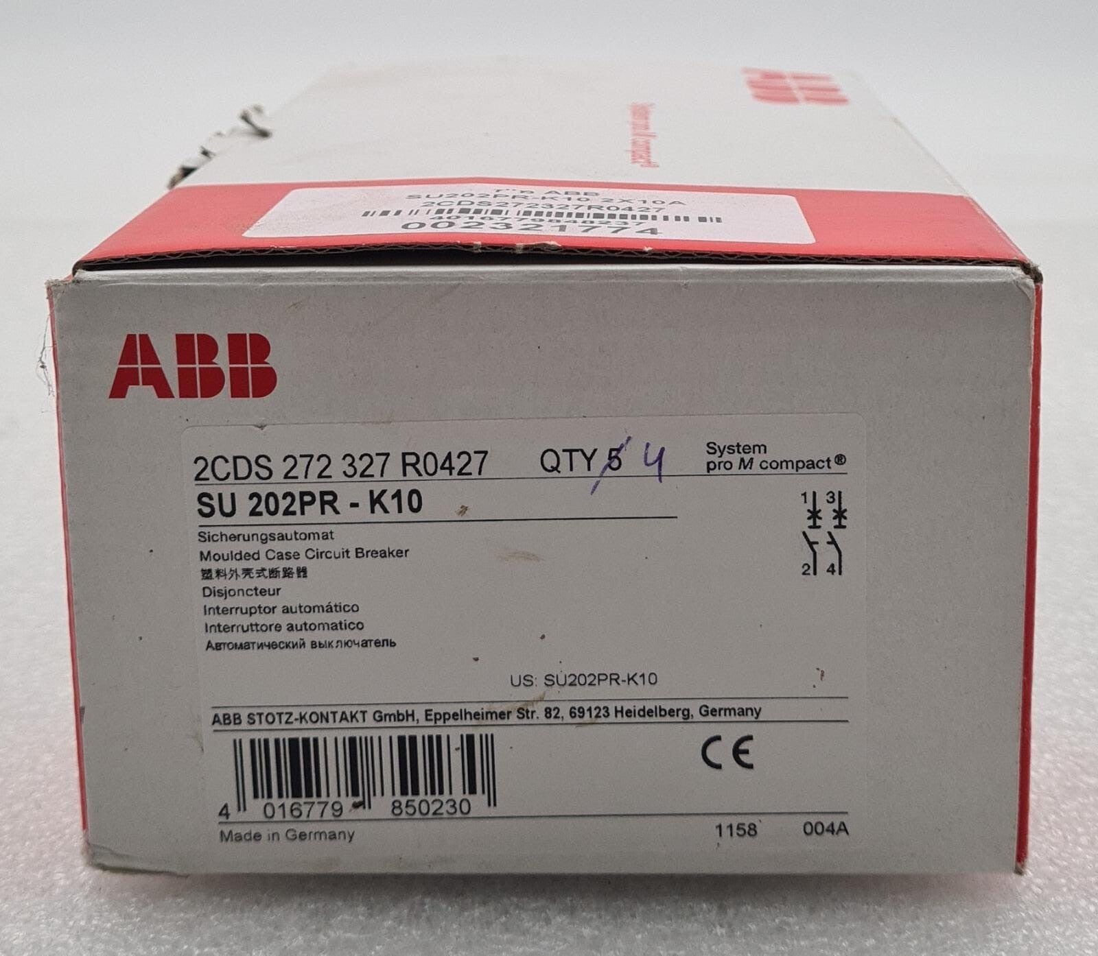 [LOT OF 4] NEW - ABB SU202PR-K10A Circuit Breaker 2CDS 272 327 R0427 2X10A