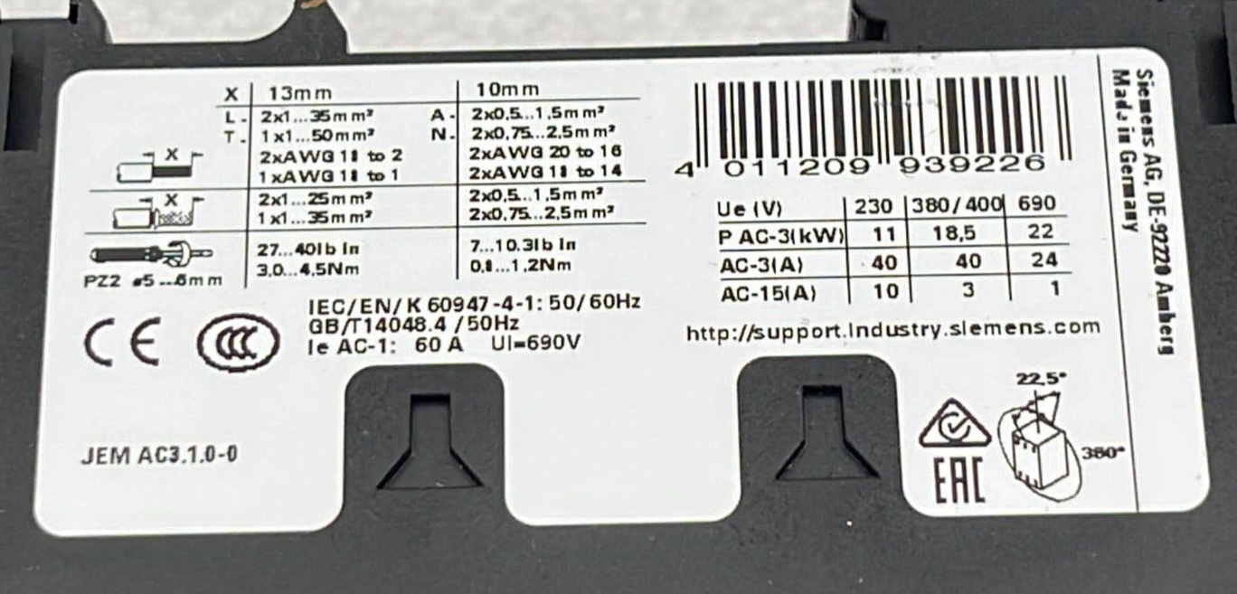 SIEMENS SIRIUS 3RT2035-1AP00 Relay Contactor 230V 50Hz