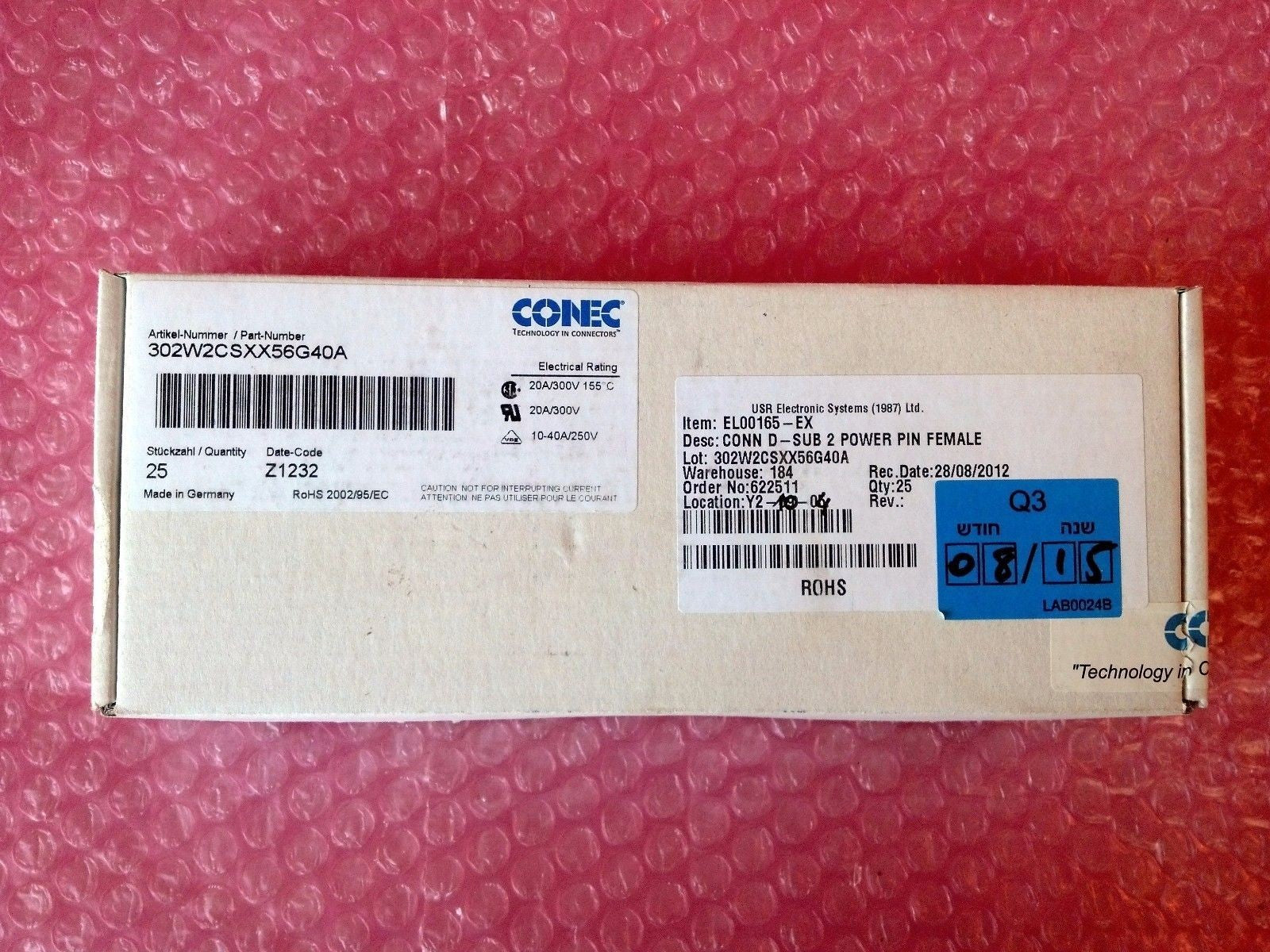 [LOT 25 PCS PACK ] CONEC 302W2CSXX56G40A Connector D-SUB Power 2-Pins Female