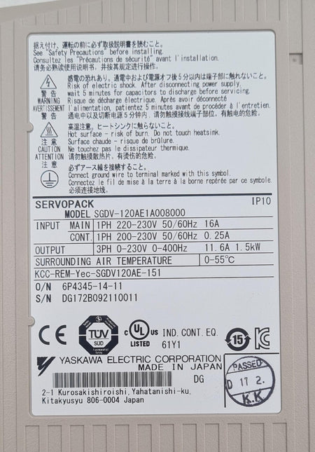 Yaskawa Servopack SGDV-120AE1A008000 200V AC servo drive with front control panel and industrial connectors