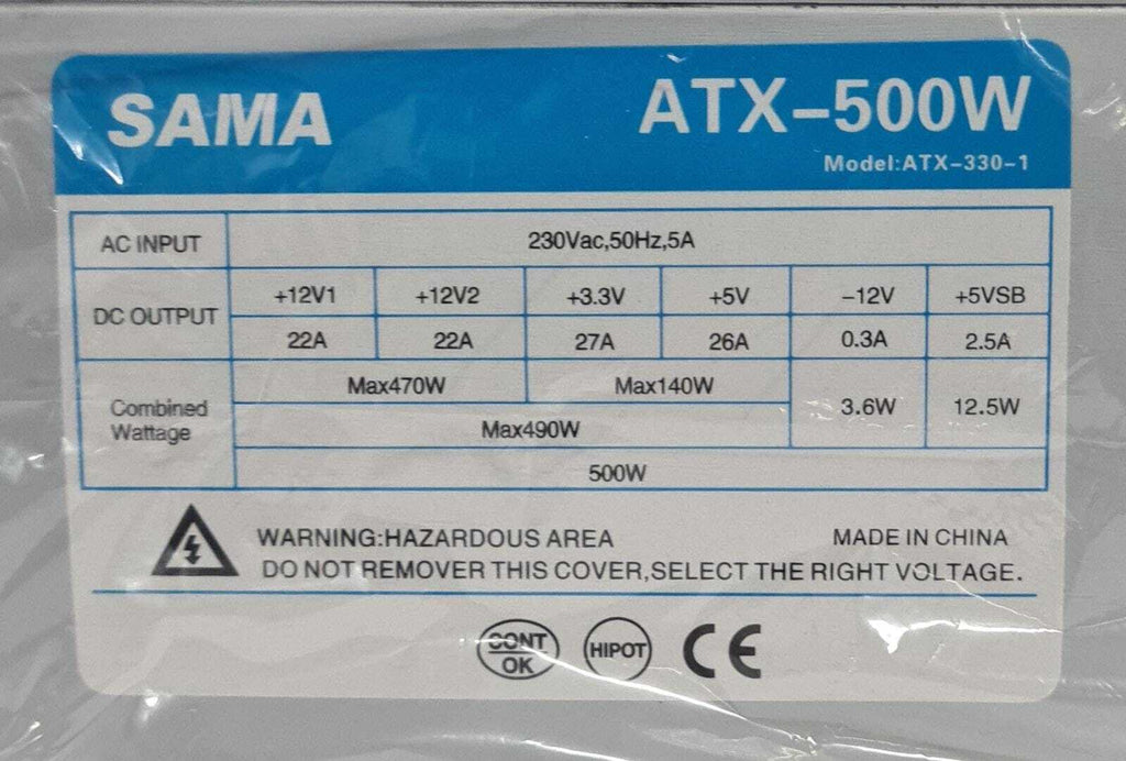 NEW - ATX SWITCHING POWER SUPPLY SAMA ATX-500W 12CM FAN