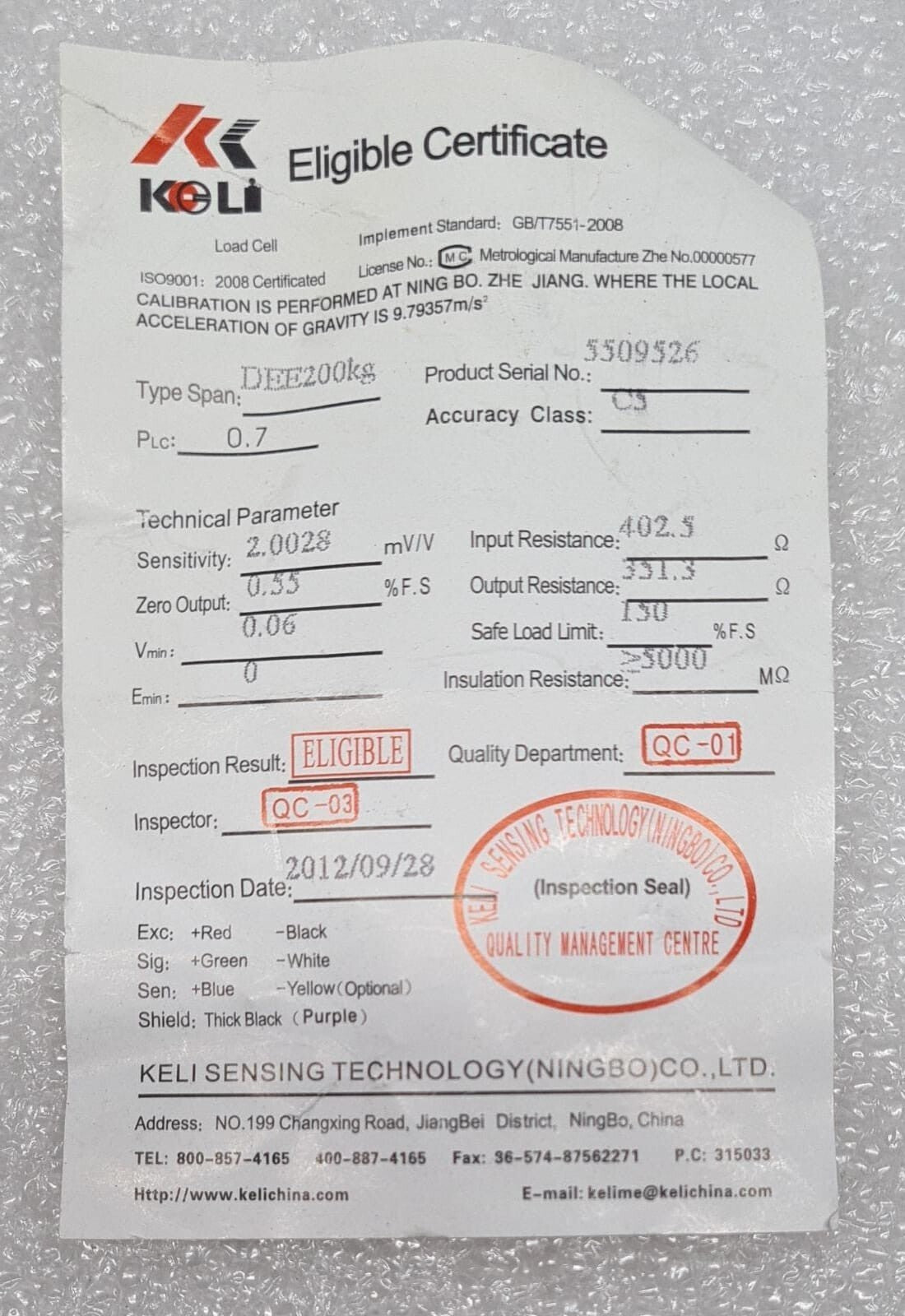 KELI DEE series hang transducer calibration and inspection certificate